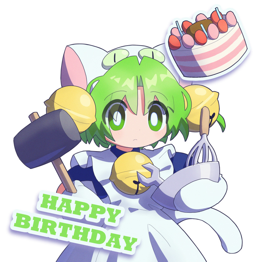 1girl, animal_hat, apron, bell, blue_dress, bright_pupils, cake, cat_hat