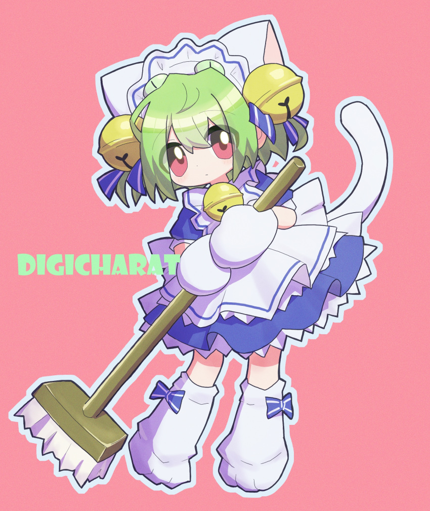 1girl, animal_hat, bell, blue_dress, broom, cat_hat, cat_tail, closed_mouth