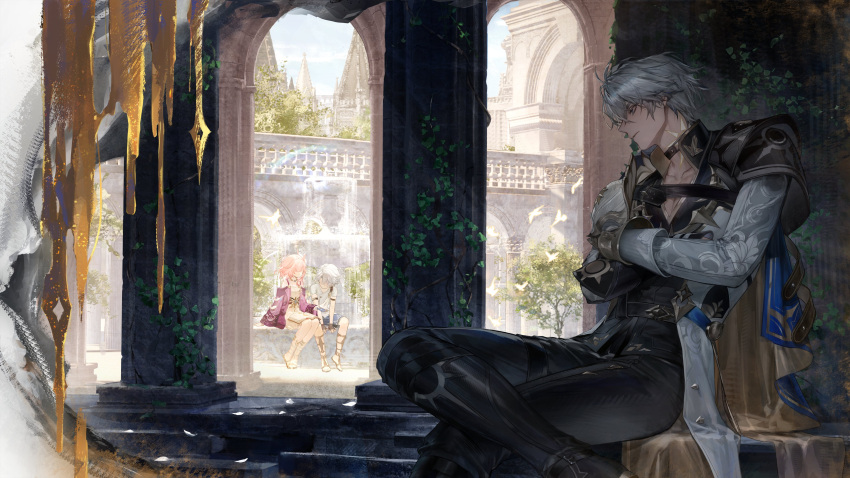 1girl, 2boys, absurdres, antenna_hair, architecture, armband, armor, black_choker, black_gloves, black_pants, black_shirt, blue_cape, blue_eyes, blue_sky, cape, choker, coat, commentary_request, crossed_arms, cyrene_(honkai:_star_rail), fek_zin, figure_four_sitting, fingerless_gloves, fountain, gloves, greco-roman_architecture, hadanugi_dousa, hair_ornament, highres, honkai:_star_rail, honkai_(series), multiple_boys, off_shoulder, pants, pauldrons, phainon_(a_dream_scented_in_wheat)_(honkai:_star_rail), phainon_(honkai:_star_rail), pink_hair, purple_coat, shirt, short_hair, short_sleeves, shoulder_armor, single_pauldron, sitting, sky, thigh_strap, white_coat, white_hair, white_shirt