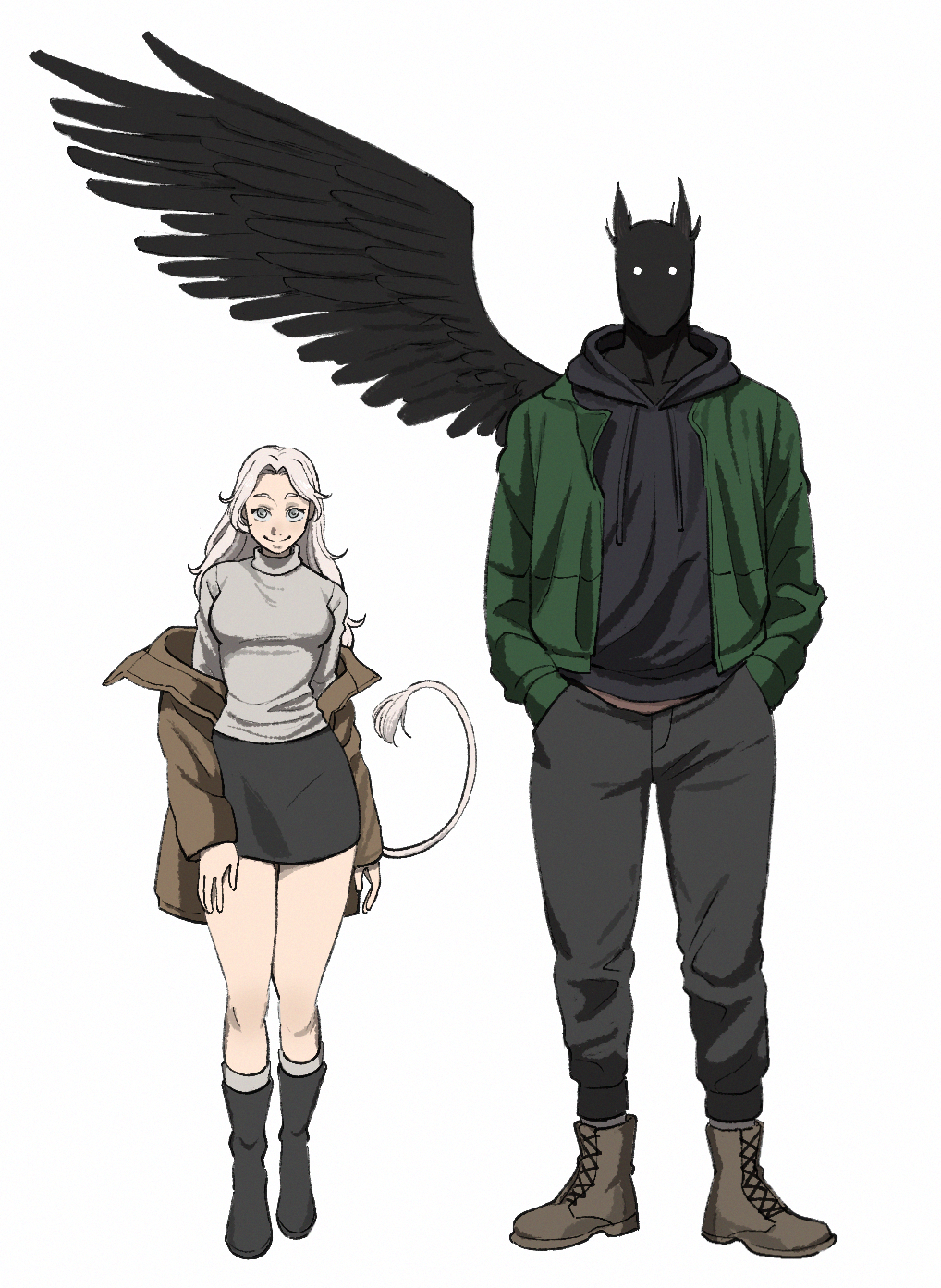 1boy, 1girl, animal_ears, bird_boy, bird_ears, black_boots, black_jacket, black_skirt