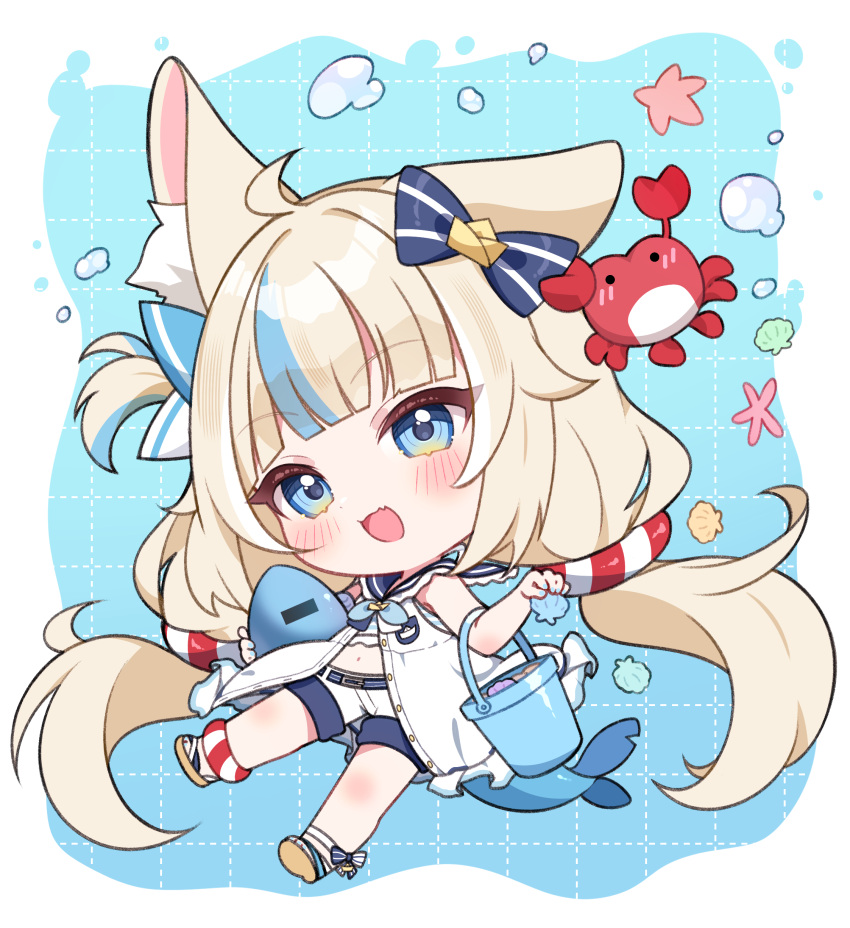 1girl, :d, absurdres, ahoge, air_bubble, animal_ear_fluff, animal_ears, bare_arms