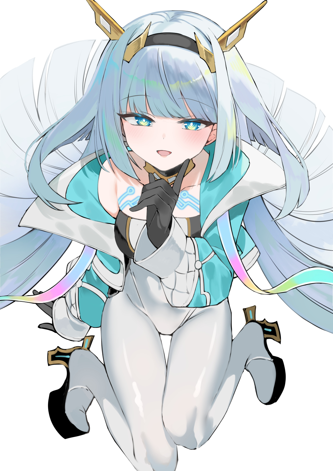 1girl, aqua_jacket, black_gloves, blue_eyes, blunt_ends, bodysuit, cropped_jacket, eudie_(shadowverse)