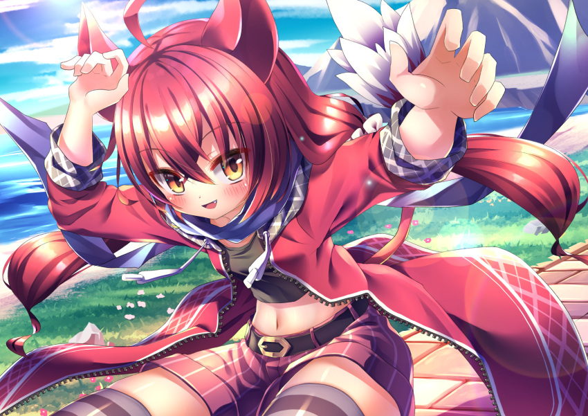 1girl, ahoge, animal_ears, beach, black_shirt, black_thighhighs, crimsonbow_alma, dog_ears, dog_girl, dog_tail, emil_chronicle_online, highres, jacket, long_hair, meadow, navel, ocean, open_clothes, open_jacket, pants, red_hair, red_jacket, scarf, shirt, striped_clothes, striped_thighhighs, tail, thigh-highs, yellow_eyes, yupi828