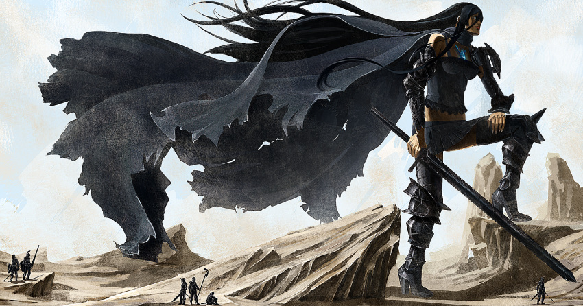 artist_request, boots, cape, fantasy, giantess, high_heels, naknak, pixiv_fantasia