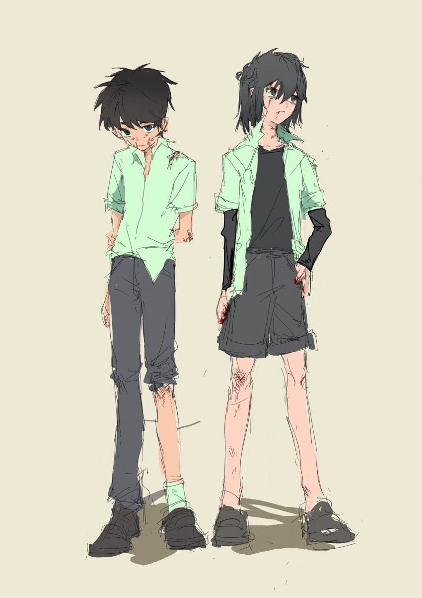 2boys, aged_down, black_hair, blue_eyes, brown_hair, child, highres, injury