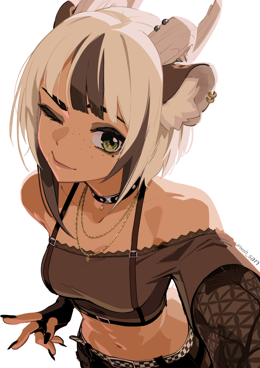 1girl, absurdres, animal_ear_fluff, animal_ears, bare_shoulders, black_gloves, breasts, brown_hair