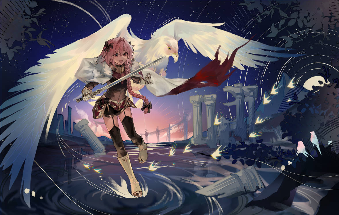 1boy, astolfo_(fate), bird, black_bow, black_garter_straps, black_thighhighs, bow, braid, cape, eagle, fate/apocrypha, fate_(series), garter_straps, gauntlets, gorget, hair_bow, hair_intakes, holding, holding_sword, holding_weapon, horn_(instrument), jewelry, leg_up, long_braid, long_hair, male_focus, multicolored_hair, multiple_hair_bows, open_mouth, pink_eyes, pink_hair, shinohararei0, single_braid, smile, solo, stone_pillar, streaked_hair, sword, thigh-highs, thighlet, torn_cape, torn_clothes, trap, two-sided_cape, two-sided_fabric, weapon, white_bird, wind