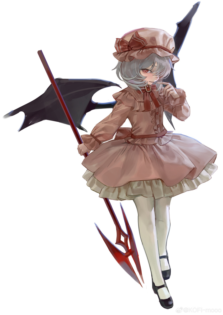 1girl, absurdres, bat_wings, black_shoes, blue_hair, bow, brooch, center_frills, chinese_commentary, dress, fingernails, frills, hat, hat_ribbon, highres, holding, holding_weapon, jewelry, kofi-mo, long_fingernails, long_sleeves, looking_at_viewer, mob_cap, neck_ribbon, open_mouth, pantyhose, pink_dress, pink_hat, polearm, puffy_sleeves, red_eyes, red_ribbon, remilia_scarlet, ribbon, shoes, short_hair, simple_background, solo, spear, spear_the_gungnir, touhou, weapon, white_background, white_pantyhose, wings, wrist_cuffs