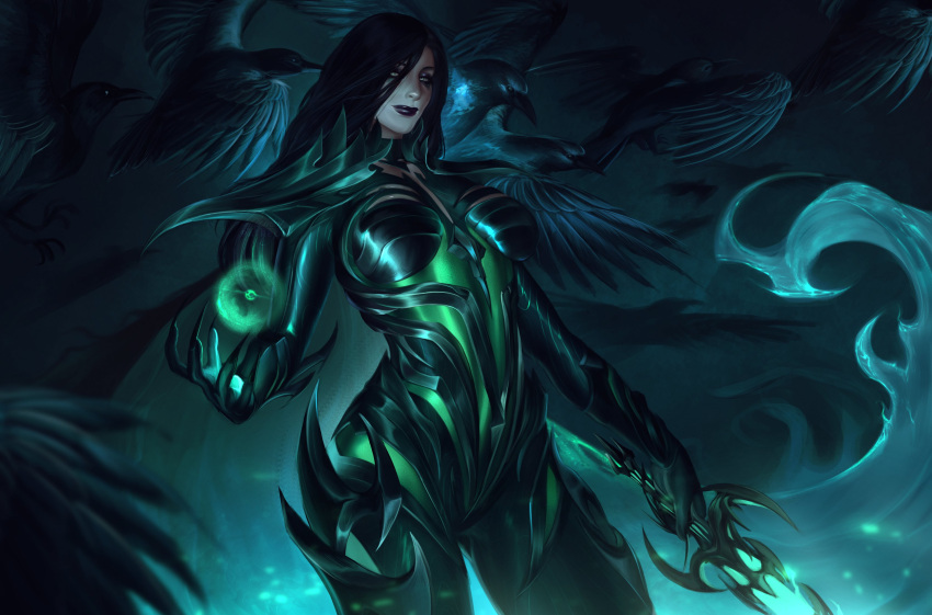 1girl, absurdres, bird, black_bodystocking, black_hair, black_lips, bodysuit, breasts