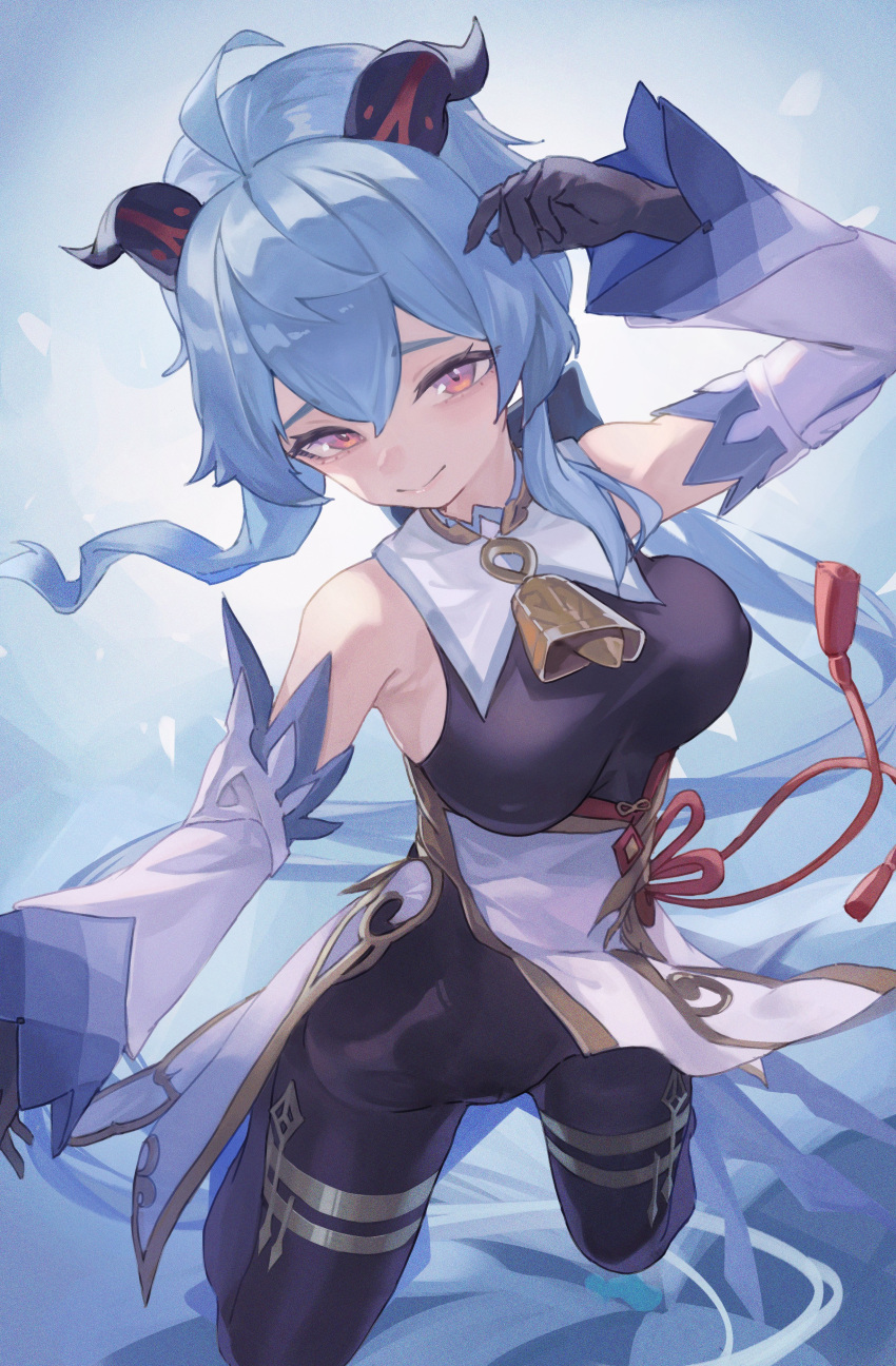 1girl, absurdres, ahoge, armpit_crease, bare_shoulders, bell, black_gloves, blue_hair