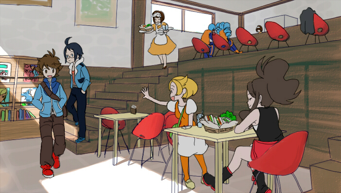 ahoge, bel_(pokemon), bell_(pokemon), black_hair, blonde_hair, blue_legwear, brown_eyes, brown_hair