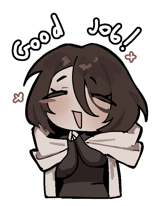 1girl, black_dress, blush_stickers, brown_hair, cape, closed_eyes, dress, hair_over_one_eye, library_of_ruina, moirai_(project_moon), ny_000a, open_mouth, project_moon, short_hair, simple_background, single_blush_sticker, smile, solo, white_background, white_cape