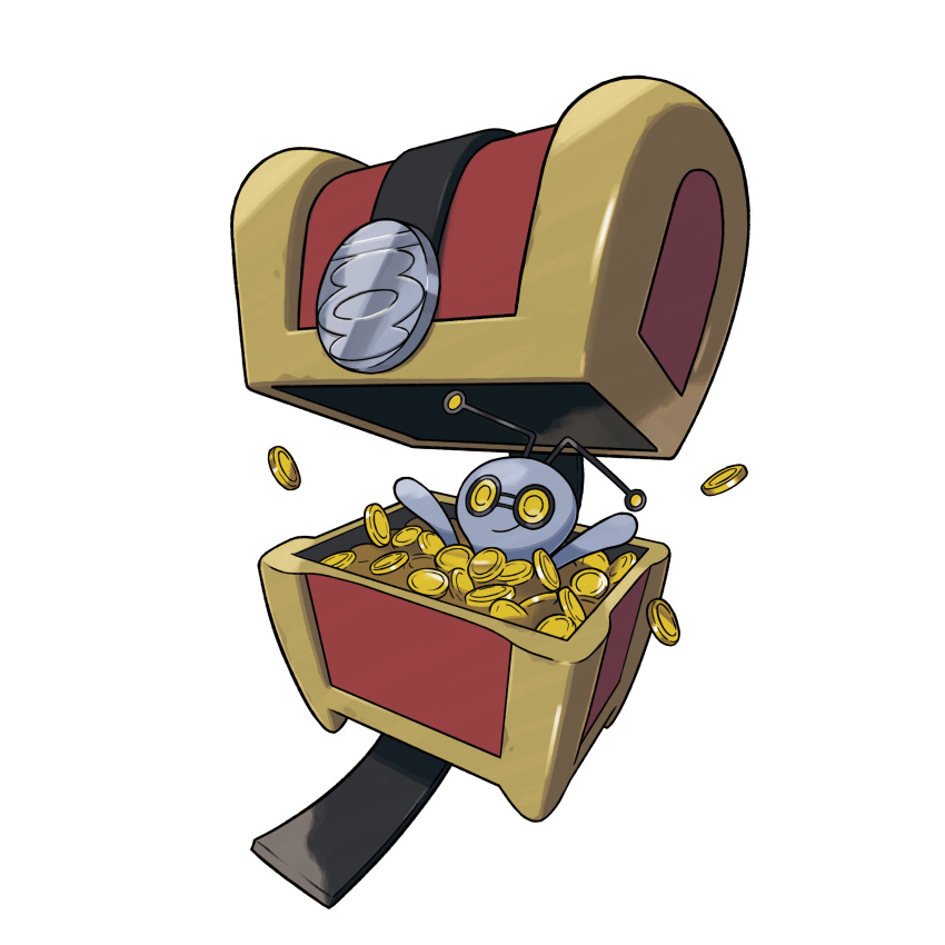 absurdres, antennae, arms_up, artist_request, closed_mouth, coin, gimmighoul, gimmighoul_(chest)