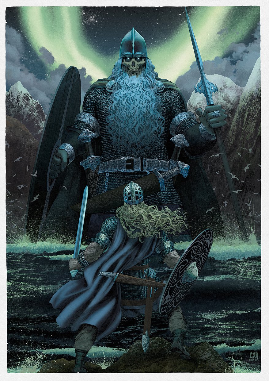 2boys, aegir_(mythology), anglo-saxon, artist_name, aurora, bird, blonde_hair, boots, cape, christian_sloan_hall, clouds, cloudy_sky, from_behind, giant, green_cape, highres, holding, holding_polearm, holding_shield, holding_weapon, male_focus, metal_belt, multiple_boys, night, night_sky, norse_mythology, ocean, polearm, roman_numeral, seagull, sheath, shield, size_difference, sky, spear, star_(sky), undead, viking, weapon, white_beard