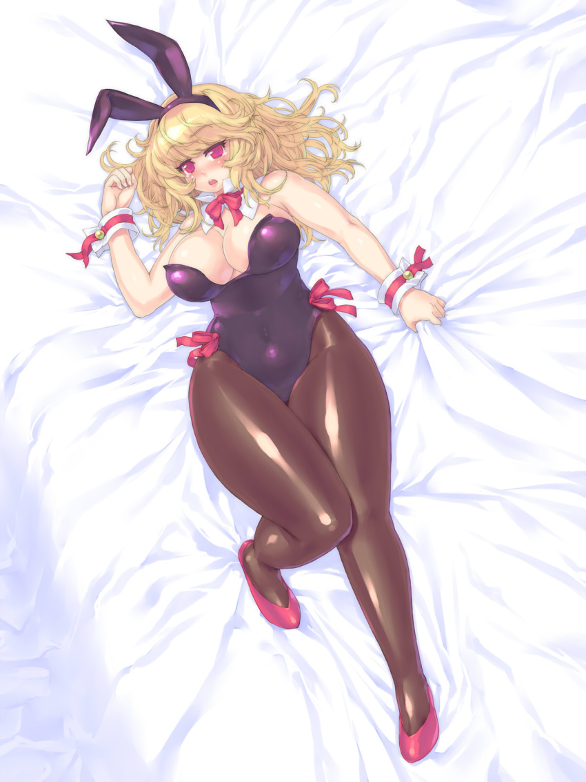 bed_sheet, blonde_hair, blush, breasts, bunny_ears, bunny_girl, bunnysuit, cleavage