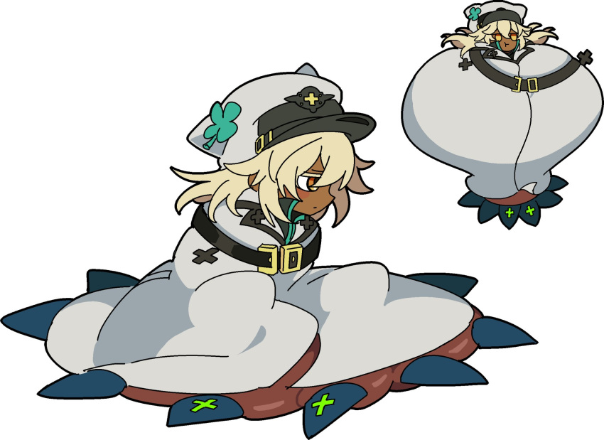 1girl, belt, black_belt, black_trim, blonde_hair, blush, cape, closed_mouth, clover_hat_ornament, dark-skinned_female, dark_skin, guilty_gear, guilty_gear_strive, hat, hat_with_ears, highres, kekeken, lapels, looking_to_the_side, medium_hair, multiple_views, newsboy_cap, notched_lapels, pout, ramlethal_valentine, simple_background, solo, white_background, white_cape, white_hat