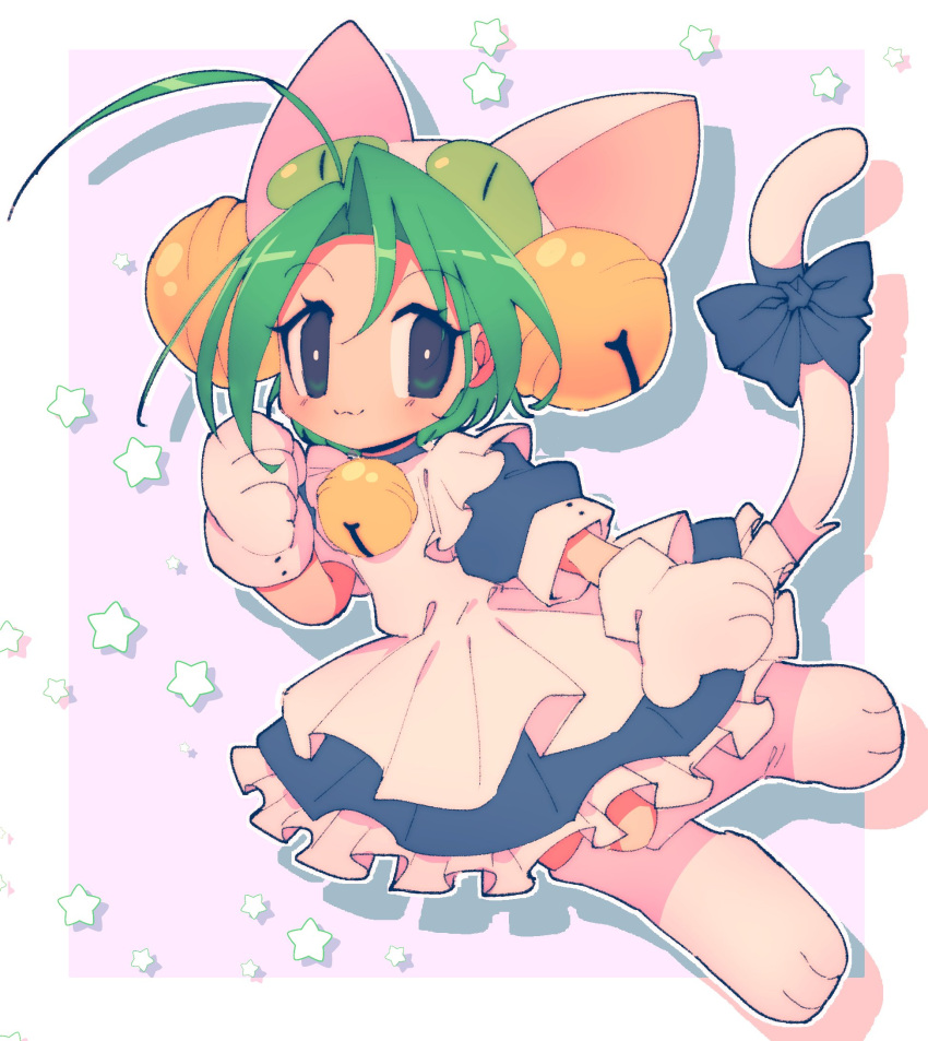1girl, :3, ahoge, animal_hat, apron, bell, blue_dress, bow, cat_hat, cat_tail, commentary, curtained_hair, dejiko, di_gi_charat, dress, drop_shadow, english_commentary, green_eyes, green_hair, hat, highres, jingle_bell, lyn_mametchi, mittens, neck_bell, no_nose, solo, tail, tail_bow, tail_ornament, white_apron, white_mittens