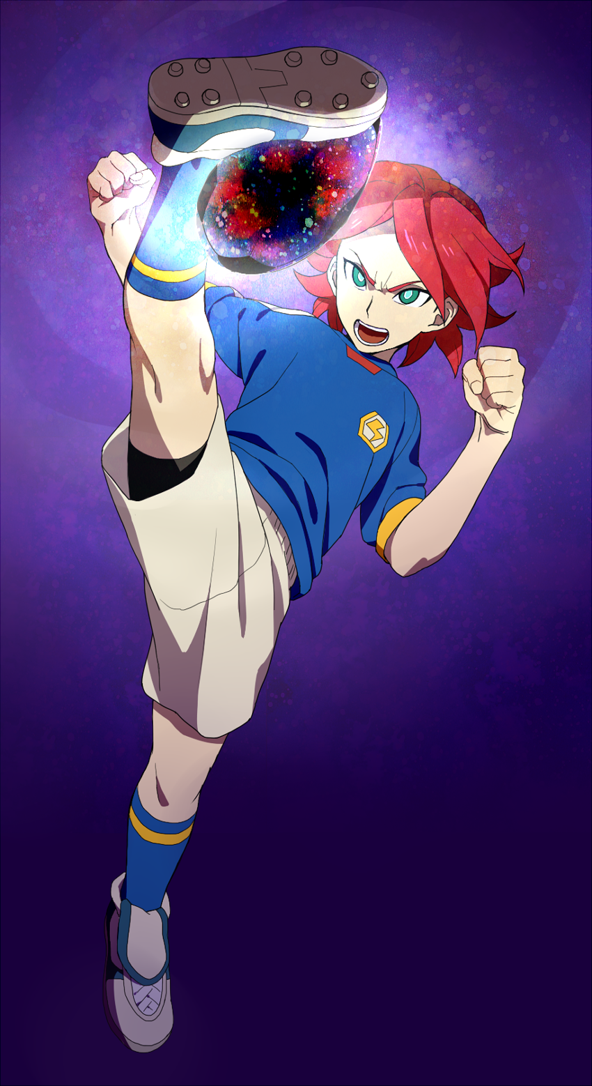 black_soccer_ball, green_eyes, highres, inazuma_eleven, inazuma_eleven_(series), kicking, kiyama_hiroto, male
