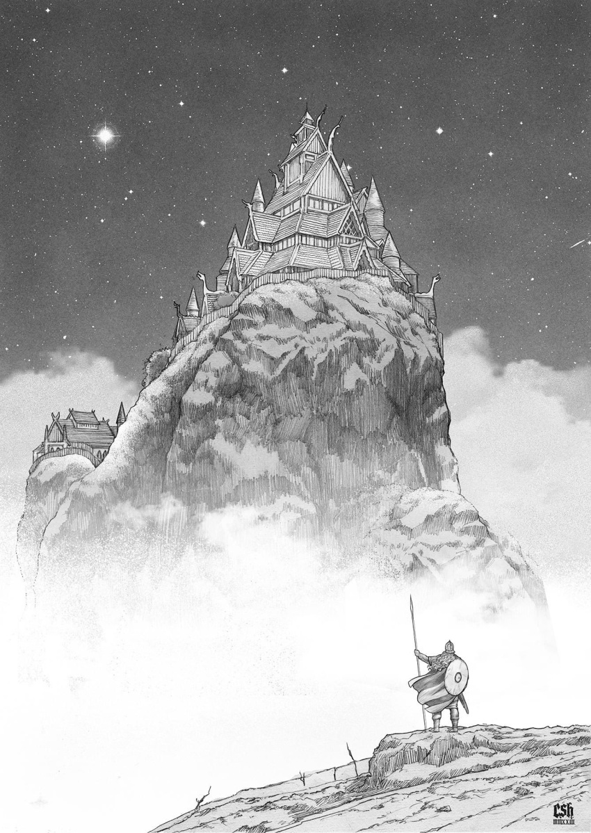 1boy, artist_name, building, christian_sloan_hall, fog, graphite_(medium), highres, house