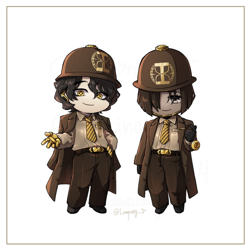 1boy, 1girl, belt, belt_buckle, black_belt, black_shoes, brown_coat, brown_eyes