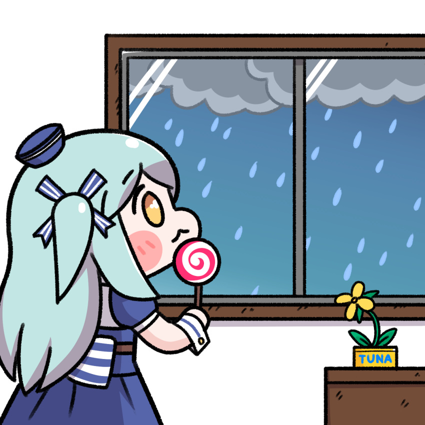 1girl, :3, alterkero, aqua_hair, blush_stickers, candy, canned_tuna, chibi