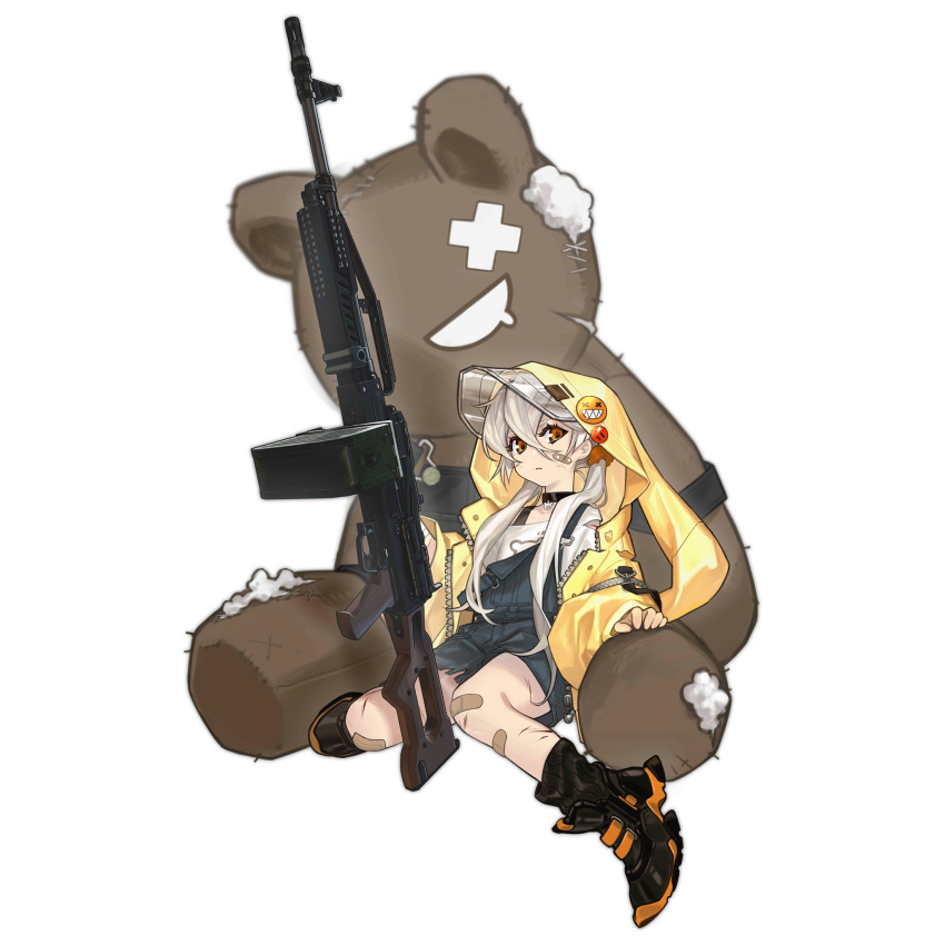 1girl, aged_down, bandaid, bandaid_on_face, bandaid_on_leg, black_choker, black_overalls, black_shoes