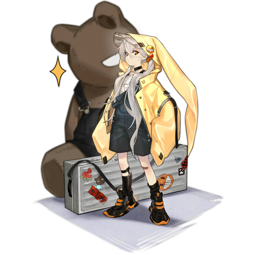 1girl, aged_down, black_choker, black_overalls, black_shoes, choker, closed_mouth, coat