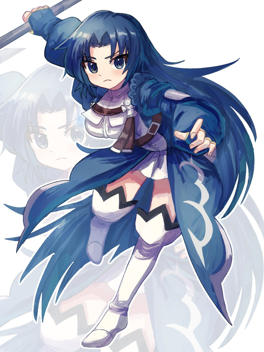 asako_komaki, belt, blue_coat, blue_eyes, blue_hair, breasts, coat, fighting_stance
