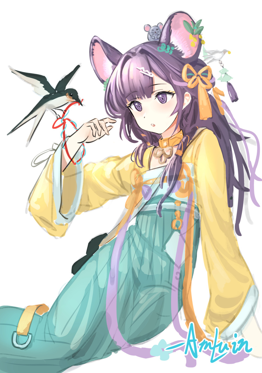 1girl, :o, absurdres, animal, animal_ears, aqua_skirt, arknights, arm_up, bird, chinese_commentary, commentary, english_commentary, feet_out_of_frame, hair_intakes, hair_ornament, hair_ribbon, hairclip, highres, long_hair, long_sleeves, looking_at_animal, lutonada_(arknights), lutonada_(sending_thoughts)_(arknights), mixed-language_commentary, mouse_(animal), mouse_ears, mouse_girl, official_alternate_costume, parted_lips, purple_hair, quietmrcat, red_ribbon, ribbon, shirt, simple_background, sketch, skirt, solo, violet_eyes, white_background, yellow_collar, yellow_ribbon, yellow_shirt