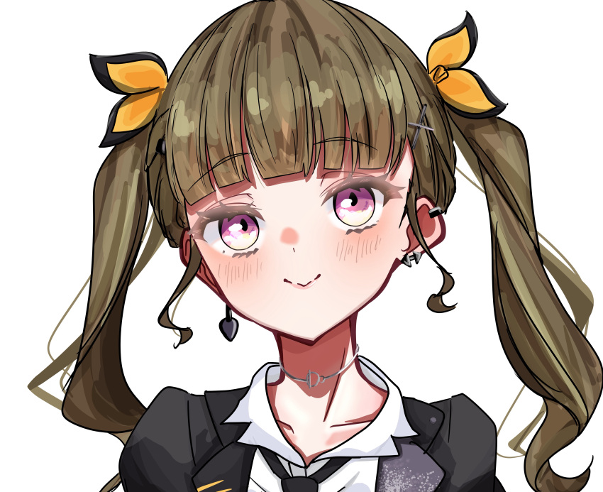 1girl, absurdres, arrow_earrings, black_jacket, black_necktie, brown_hair, center-flap_bangs, closed_mouth