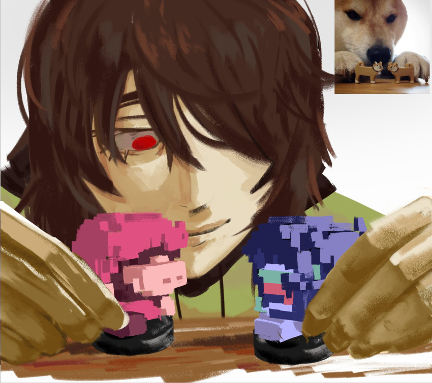 1other, deltarune, eyelashes, hair_over_one_eye, highres, holding, kris_(dark_world)_(deltarune), kris_(deltarune), lips, meme, one_eye_covered, other_focus, red_eyes, simple_background, smile, susie_(dark_world)_(deltarune), susie_(deltarune), toy, whatamistery