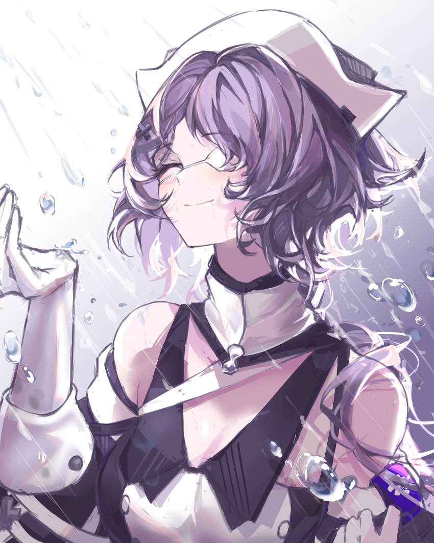 1girl, absurdres, arknights, blue_eyes, blush, breasts, commentary, english_commentary, hair_ornament, highres, large_breasts, long_sleeves, looking_at_viewer, open_mouth, purple_hair, shirt, short_hair, simple_background, skirt, smile, solo, tankimouto, whisperain_(arknights)