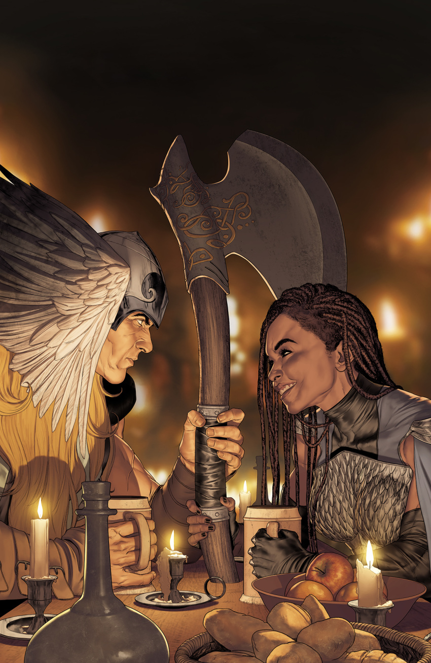 1boy, 1girl, apple, axe, black_gloves, bowl, brown_hair, candle, cup, dreadlocks, feathered_helmet, feathers, food, fruit, gloves, helmet, highres, holding, holding_axe, holding_cup, long_hair, looking_at_another, marvel, mattia_de_iulis, runa_(marvel), white_feathers