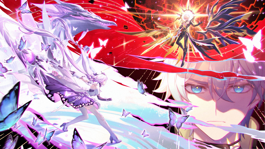 1boy, 1girl, bare_shoulders, black_choker, black_tiara, blue_butterfly, blue_eyes, bug, butterfly, castorice_(honkai:_star_rail), choker, dragon, dress, elbow_gloves, gloves, hair_between_eyes, hair_ornament, halo, high_heels, highres, honkai:_star_rail, honkai_(series), kangetsu_(fhalei), long_hair, looking_at_viewer, phainon_(honkai:_star_rail), pollux_(honkai:_star_rail), purple_butterfly, purple_gloves, purple_hair, short_hair, split_theme, tattoo, thigh-highs, tiara, white_hair, white_thighhighs, wings