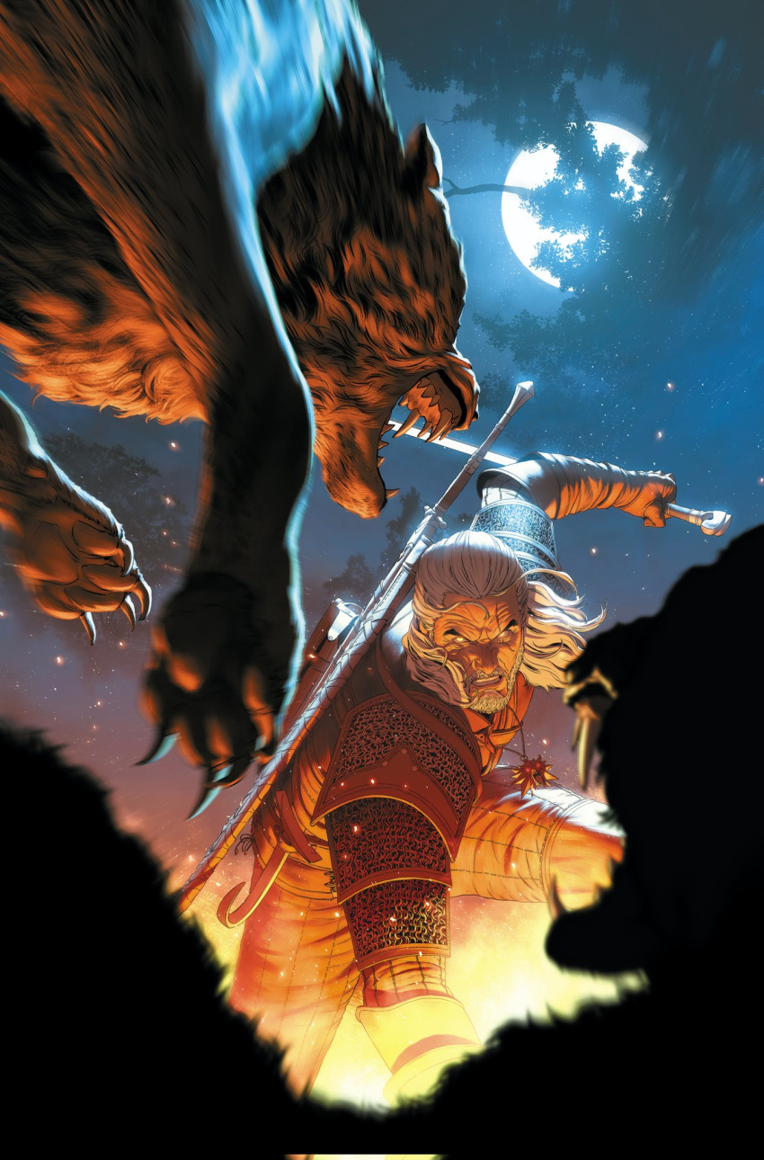 1boy, armor, beard, claws, facial_hair, full_moon, geralt_of_rivia, gloves