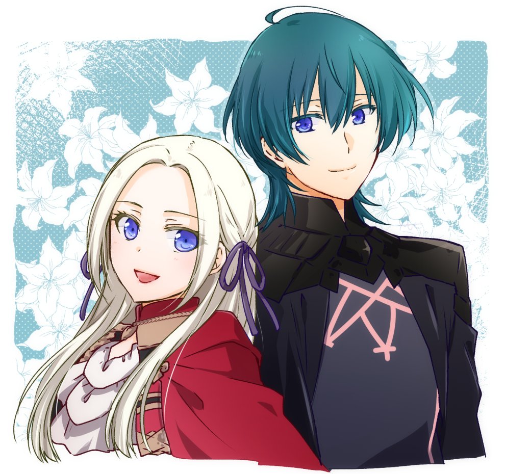1boy, 1girl, :d, armor, ascot, black_armor, black_cape, blue_background, blue_eyes, cape, closed_mouth, commentary_request, edelgard_von_hresvelg, fire_emblem, fire_emblem:_three_houses, floral_background, flower, garreg_mach_monastery_uniform, gloves, green_hair, hair_ribbon, hetero, kazayuu_(yuuri), long_hair, looking_at_viewer, male_byleth_(fire_emblem), open_mouth, purple_ribbon, red_cape, ribbon, short_hair, simple_background, smile, tongue, upper_body, white_ascot, white_hair
