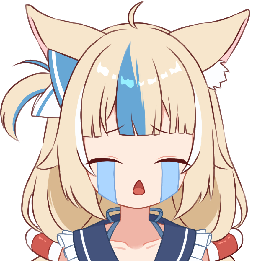1girl, ahoge, animal_ear_fluff, animal_ears, blonde_hair, blue_streaks, cat_ears, closed_mouth, crying_emoji, emoji, fish_girl, gba_jasjas, indie_virtual_youtuber, long_hair, low_twintails, meme, multicolored_hair, open_mouth, sameko_saba, simple_background, streaked_hair, twintails, uohhhhhhhhh!_(meme), virtual_youtuber, white_background