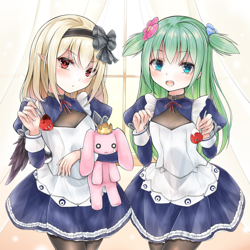 2girls, apron, blonde_hair, blue_eyes, collar, dark_feather_alma, emil_chronicle_online, food, fork, fruit, green_hair, highres, holding, holding_stuffed_toy, maid, maid_apron, multiple_girls, open_mouth, pantyhose, pointy_ears, red_eyes, se34tai, shabotan_alma, strawberry, stuffed_toy, two_side_up