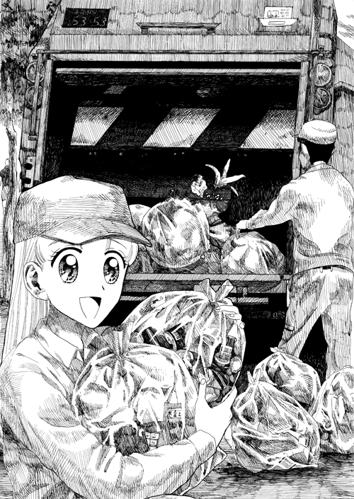copyright_request, garbage, garbage_truck, hat, ietan, long_hair, monochrome, open_mouth