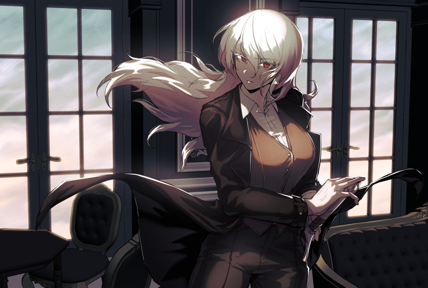 1girl, black_jacket, breasts, brown_pants, brown_vest, buttons, chair, closed_mouth