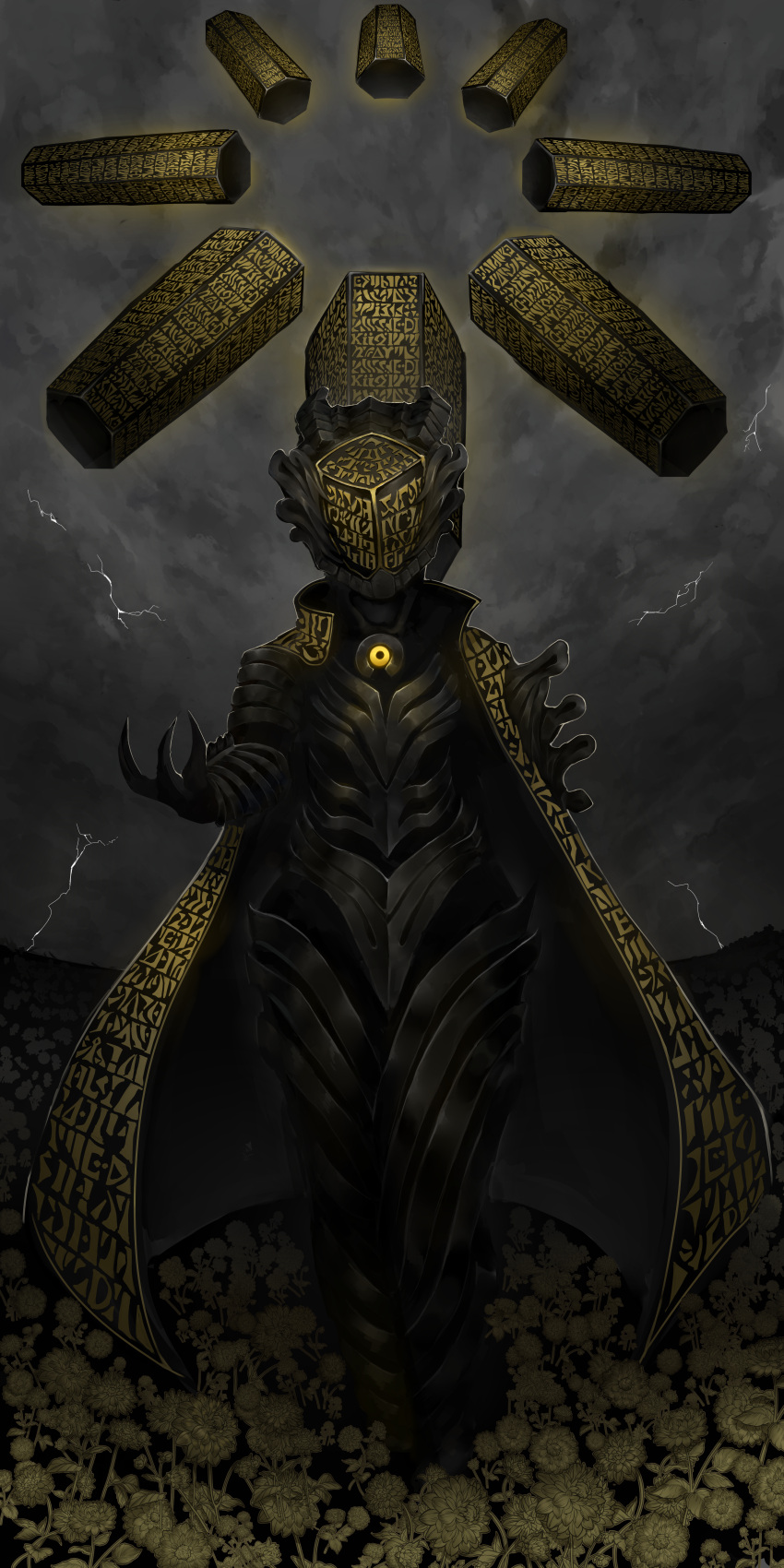1girl, absurdres, armor, binah_(project_moon), black_armor, black_helmet, cape, clouds