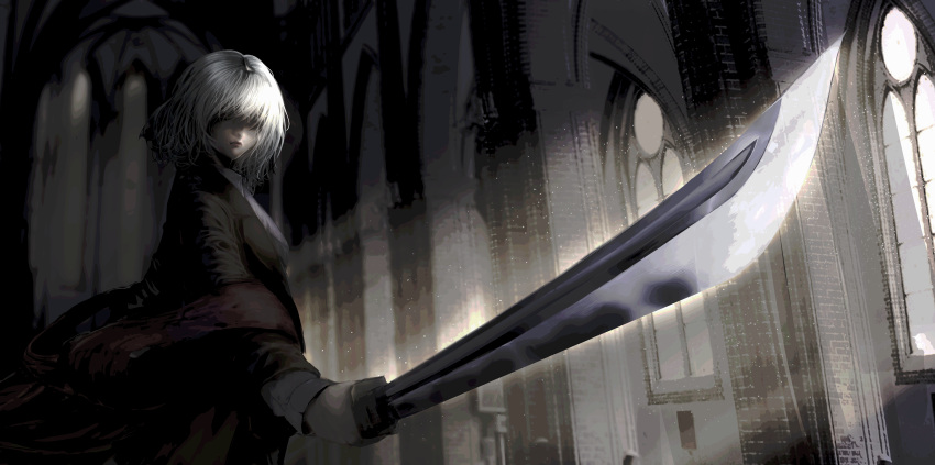 1other, absurdres, black_coat, character_request, church, closed_mouth, coat, highres, holding, holding_sword, holding_weapon, i_wanna_be_the_justice_guy, indoors, lubban, medium_hair, shaded_face, sunlight, sword, weapon, white_hair, window