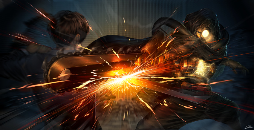 1boy, 1other, absurdres, android, arnold_(project_moon), black_cape, cape, chainsaw