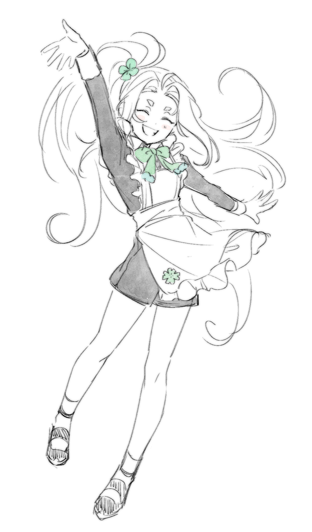 1girl, alternate_costume, ankle_socks, apron, arm_up, blush, bow, breasts, closed_eyes, cyan_(to_be_hero_x), enmaided, four-leaf_clover_ornament, four-leaf_clover_print, frilled_apron, frills, green_bow, green_ribbon, greyscale, hair_ornament, hanmu_2, highres, long_hair, long_sleeves, maid, maid_apron, monochrome, open_mouth, ponytail, ribbon, shorts, side_ponytail, simple_background, smile, socks, solo, spot_color, teeth, thick_eyebrows, to_be_hero, to_be_hero_x, very_long_hair, white_apron, white_background