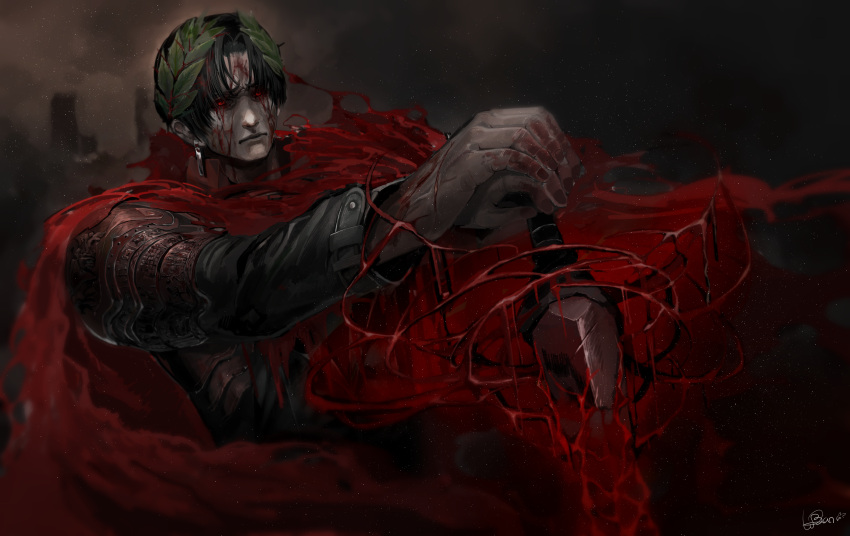 1boy, absurdres, black_hair, black_jacket, blood, cape, closed_mouth, clouds