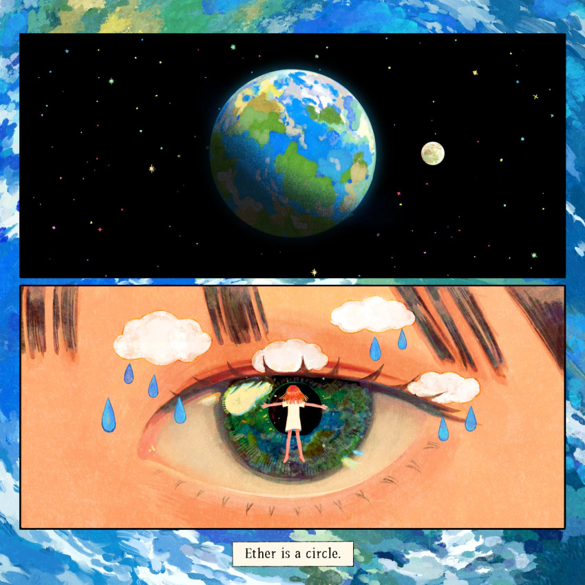 1girl, 2025, black_hair, close-up, clouds, earth_(planet), english_text, eye_focus