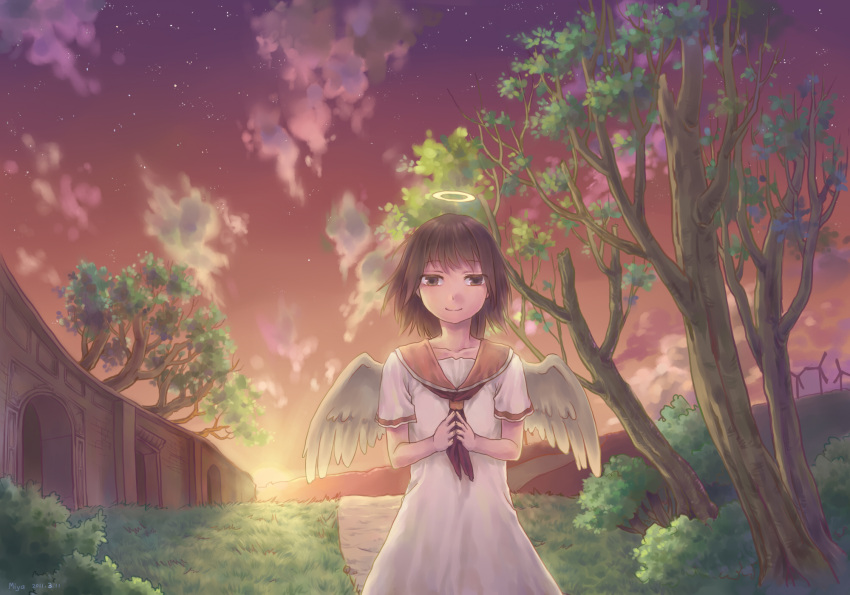 evening, haibane_renmei, halo, highres, miya8111, rakka, sailor_collar, sky