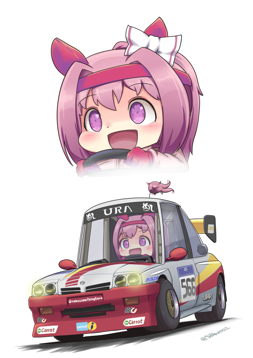 1girl, :d, absurdres, animal_ears, bow, brand_name_imitation, car, castrol