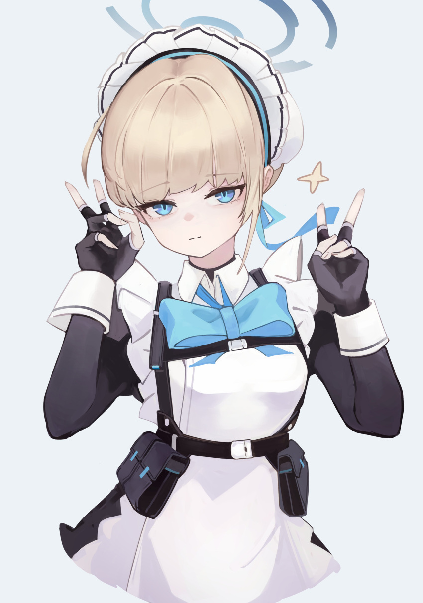 1girl, absurdres, aqua_bow, aqua_bowtie, black_gloves, blonde_hair, blue_archive, blue_bow