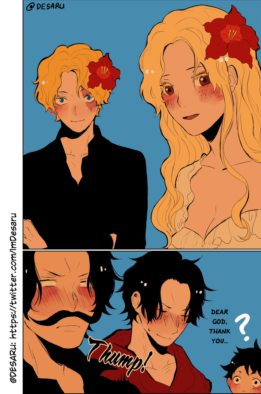 1girl, 4boys, ?, absurdres, black_hair, black_shirt, blank_eyes, blonde_hair